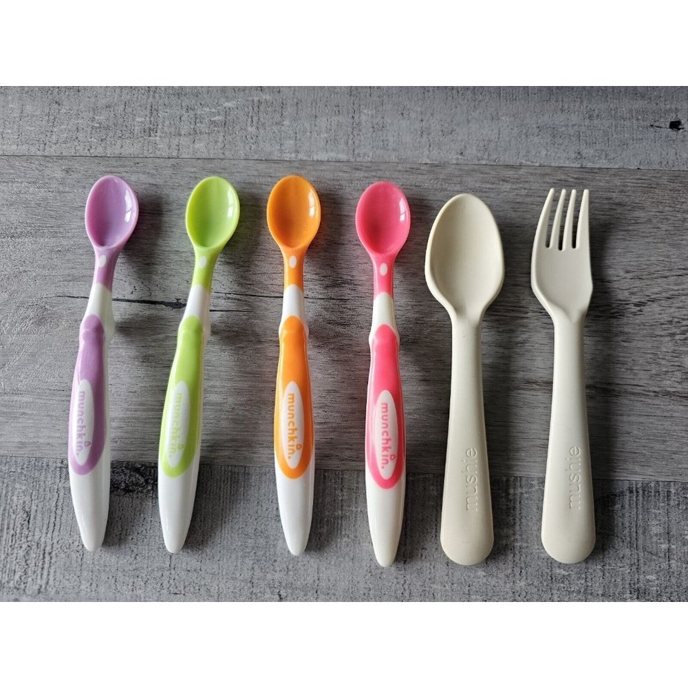 Mushie Silicone Baby Feeding Spoon & Fork Set + Munchkin Spoons LOT